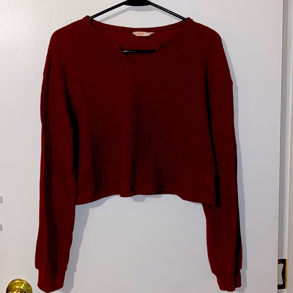 Romwe Long Sleeve Knit- like Crop Top (S) ; Dark Burgundy
